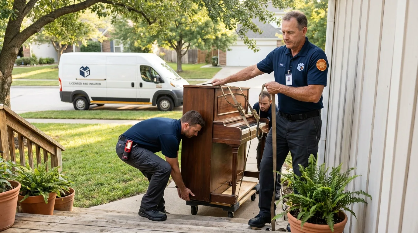 Licensed piano movers securing grand piano in Osawatomie, KS