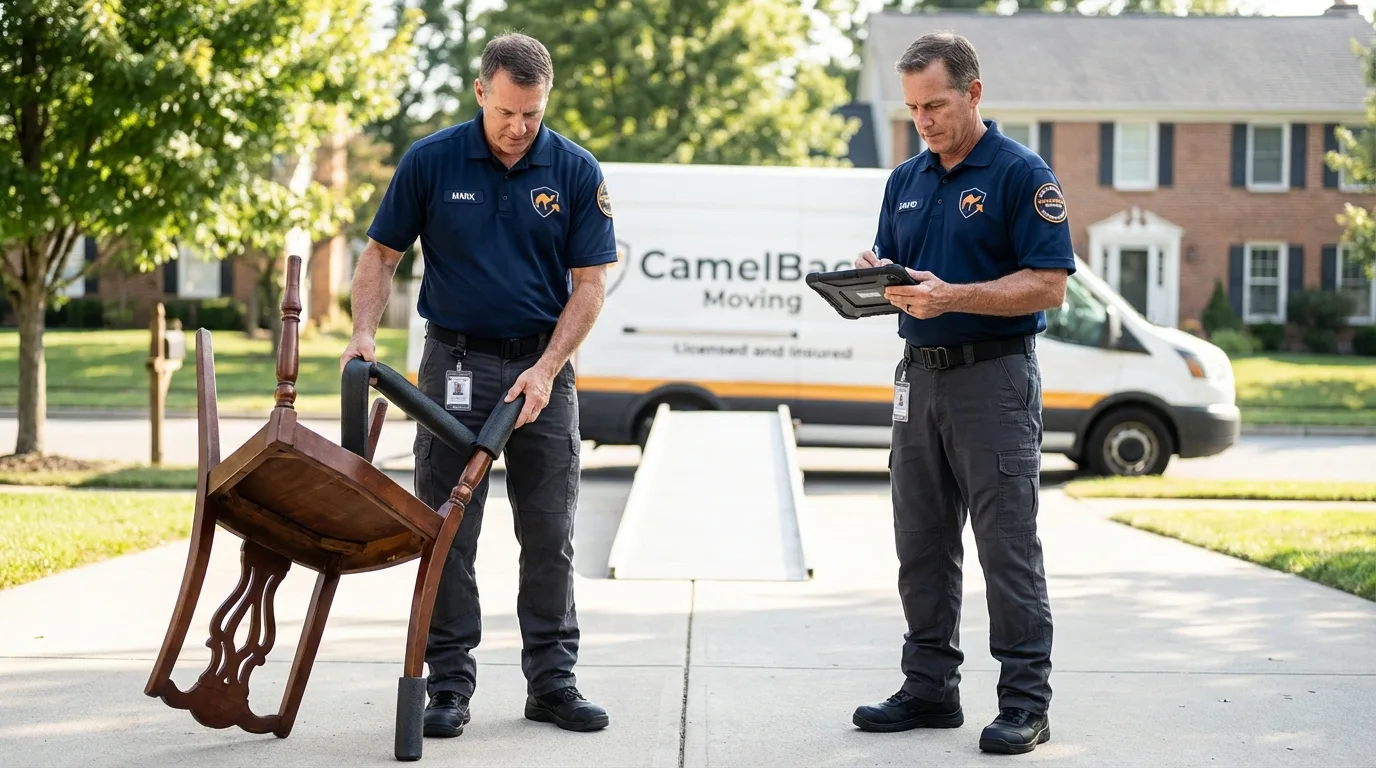 Movers inspecting furniture for damage prevention before loading in Osawatomie, KS