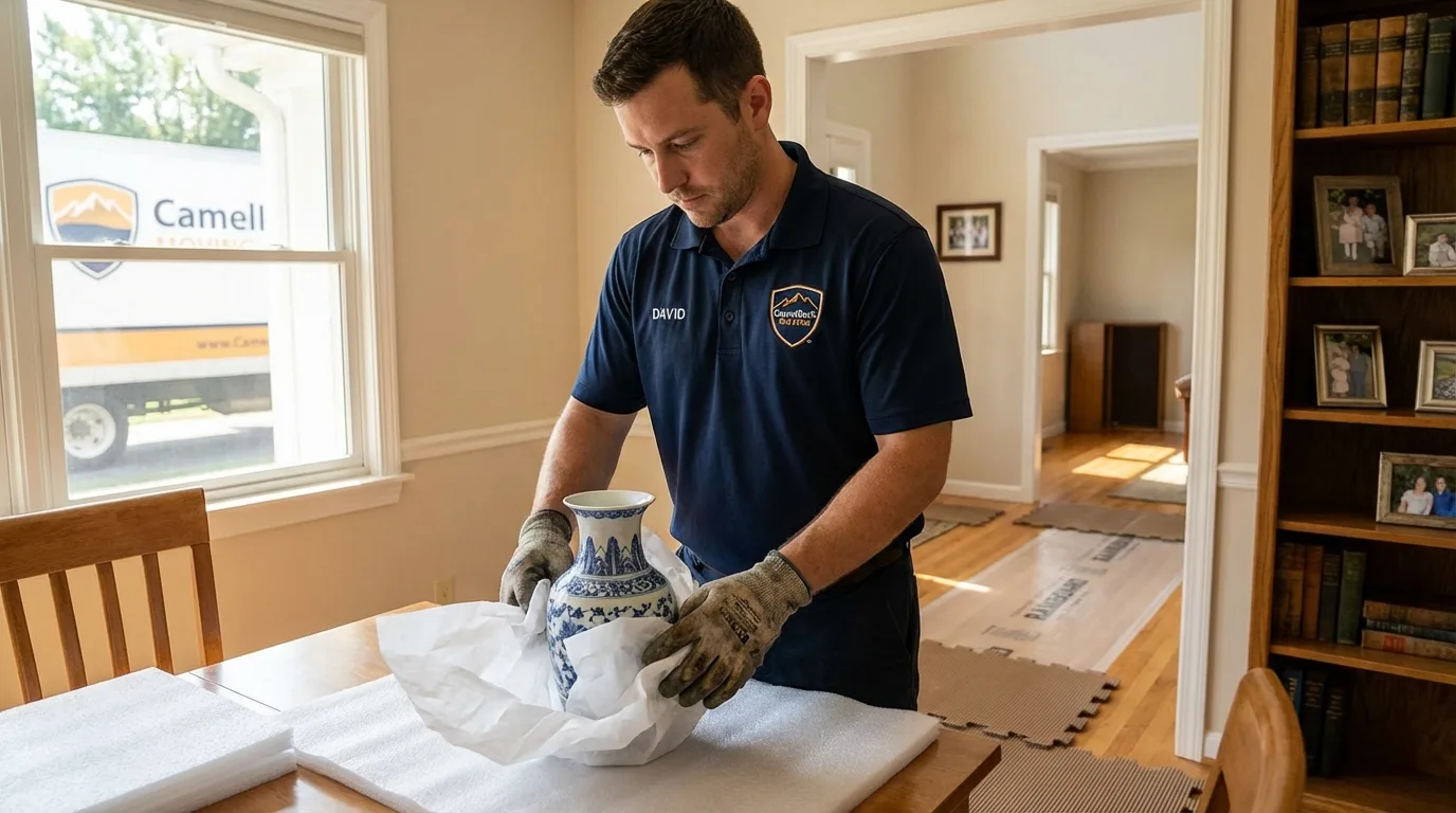 Professional crew carefully wrapping antique vase for senior downsizing move in Osawatomie, KS